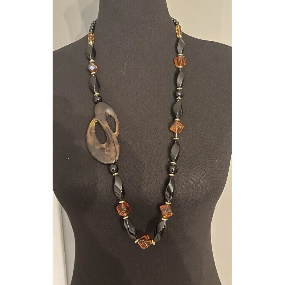 Faux Tortoise Shell Vintage Lucite Statement Necklace‎ Brown Long Black